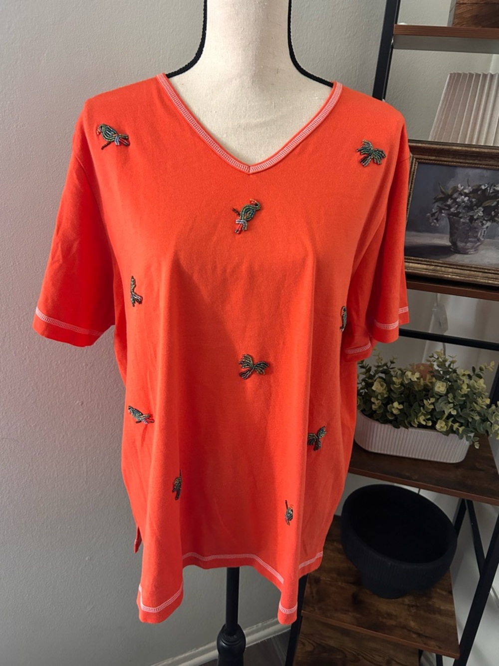 Quacker Factory Red-Orange V-Neck Cotton Tee Beaded Parrots Parakeets Palm Trees